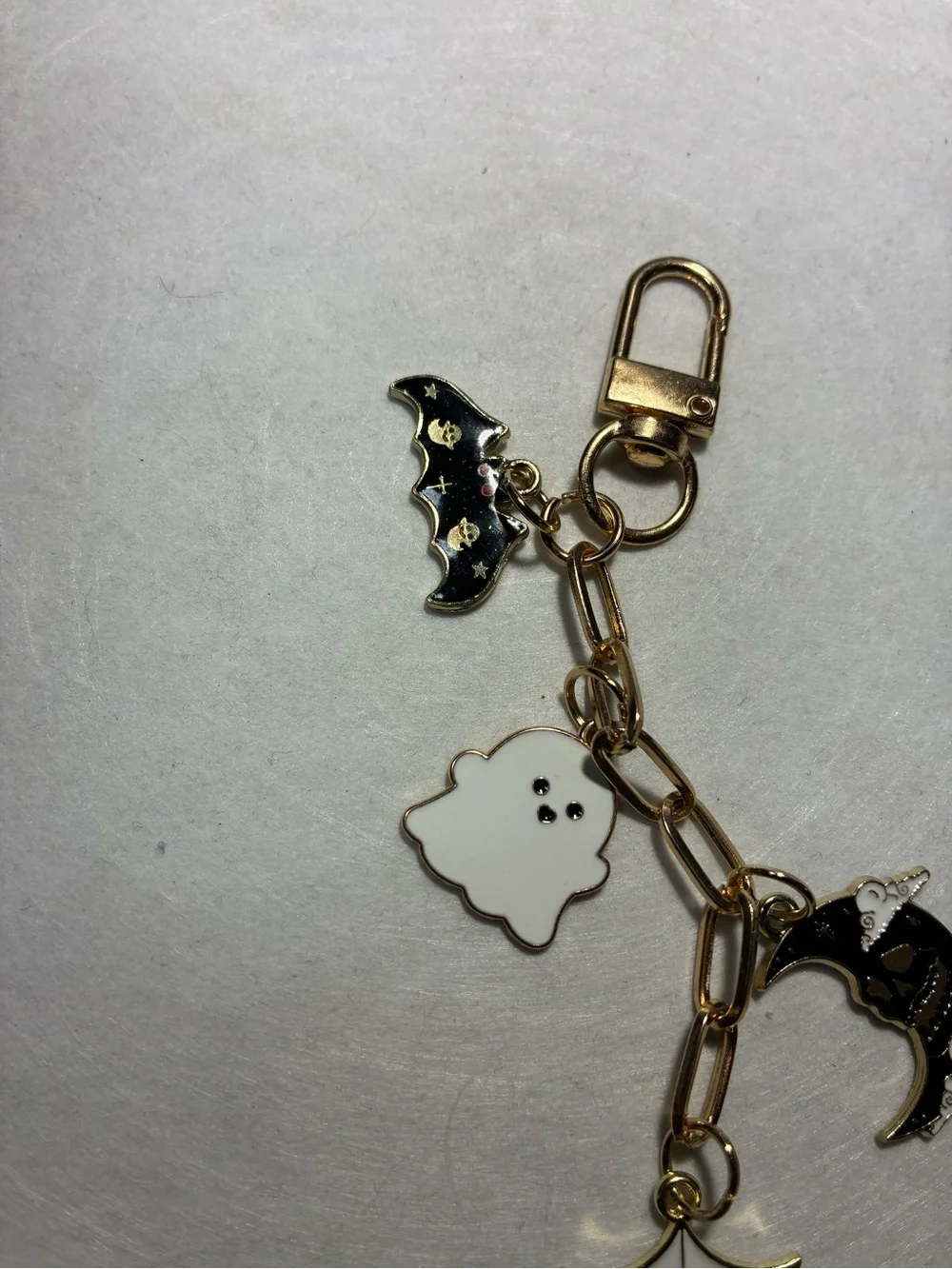 Gold-Tone Halloween Charm Key Chain or Bag Chain with White Ghost Accent